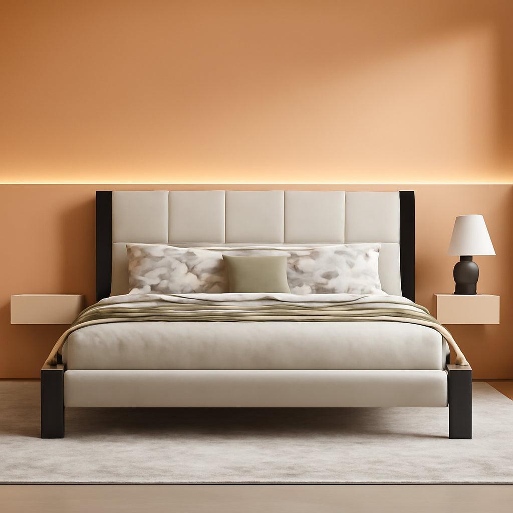 King Size Beige Boucle Upholstered Bed Frame With Solid Wood Slat Support