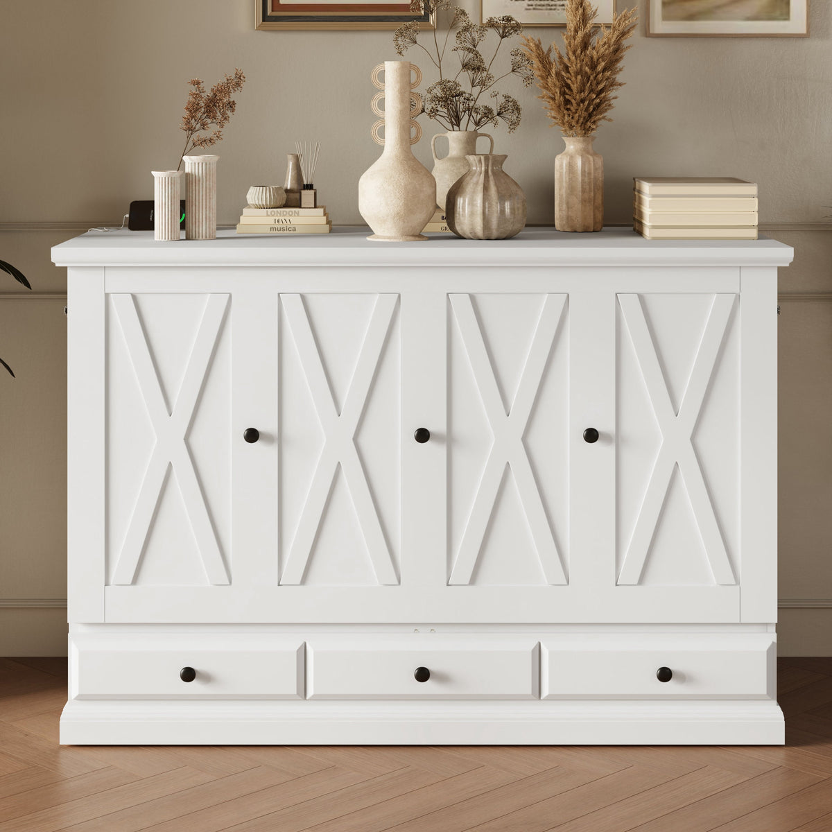 Farmhouse Style Solid Pine Wood Murphy Bed Chest Cube Cabinet Bed