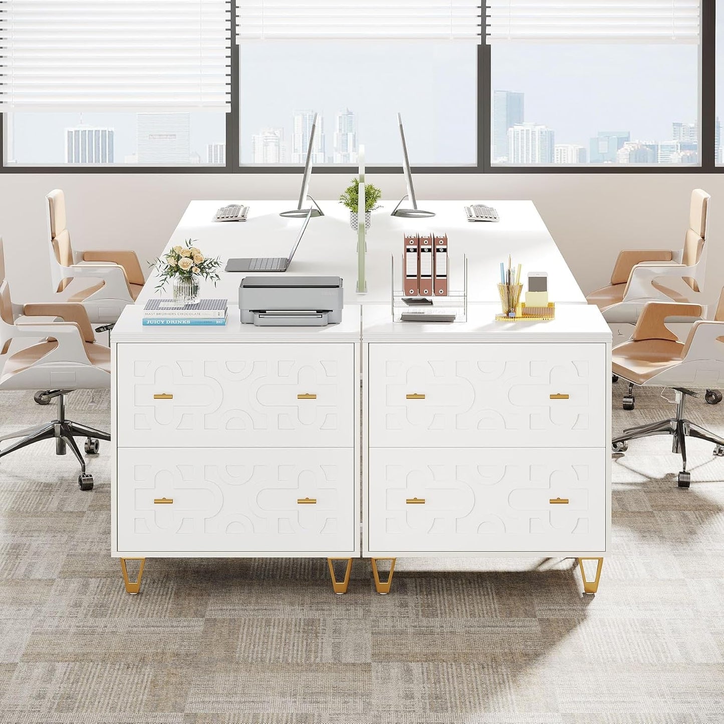 Two Drawer Lateral File Cabinet White And Gold For Legal Letter A4 Files Printer Stand Home Office