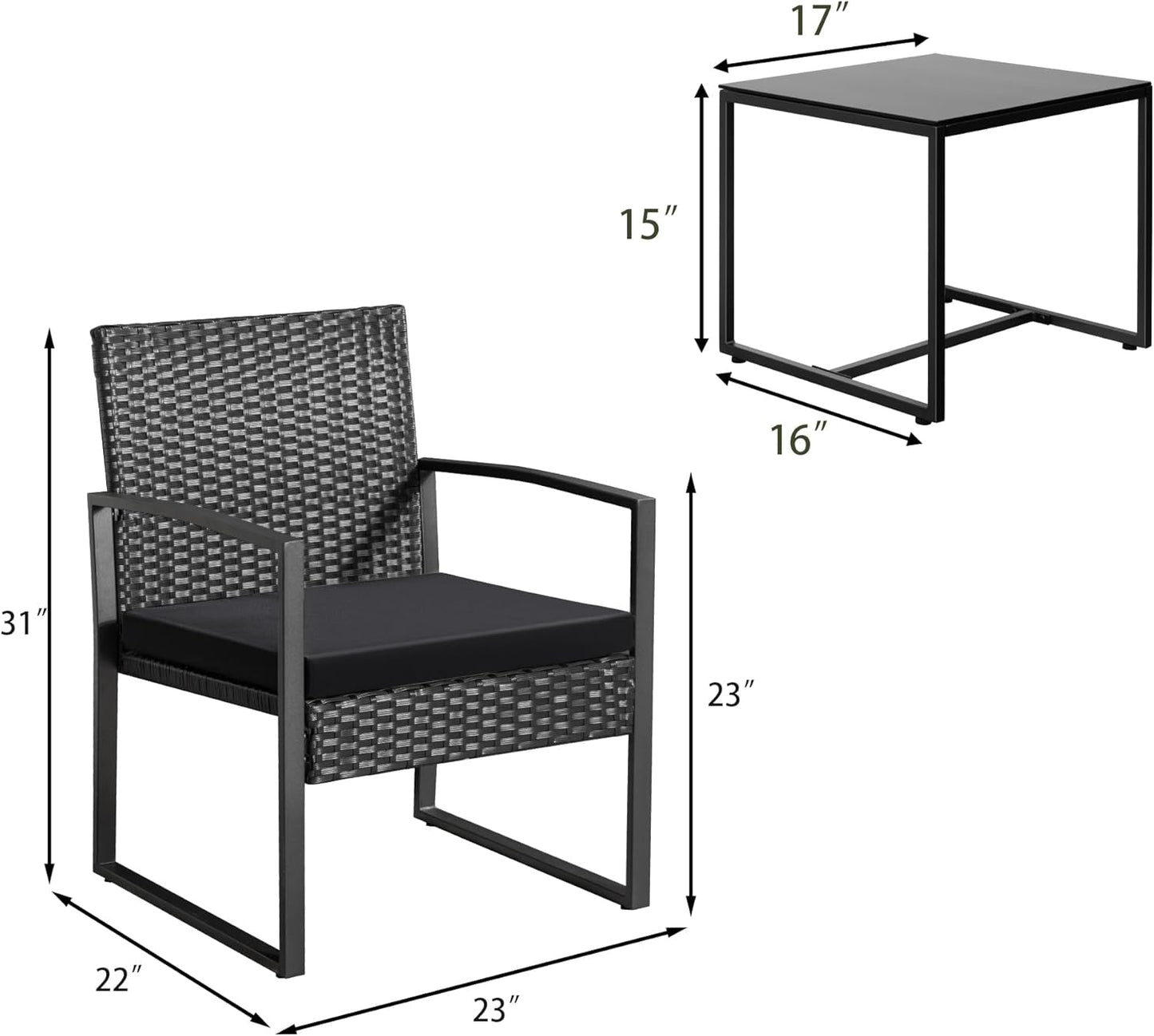 3 Piece Wicker Conversation Bistro Set Outdoor Patio Furniture Black Rattan Chairs Coffee Table For Garden Lawn Porch