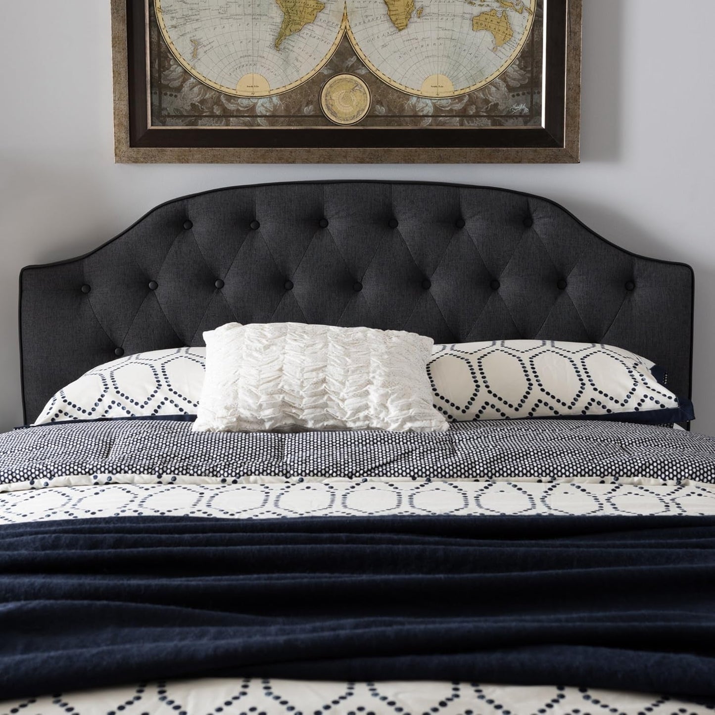 Modern Scalloped Upholstered Headboard Queen Dark Grey