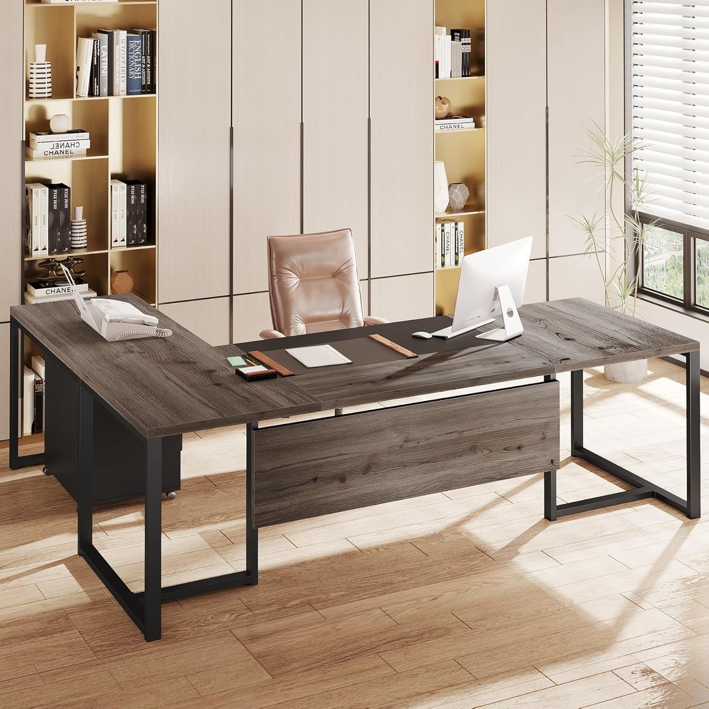 Extra Large L Shaped Executive Desk Retro Gray Drawer Cabinet