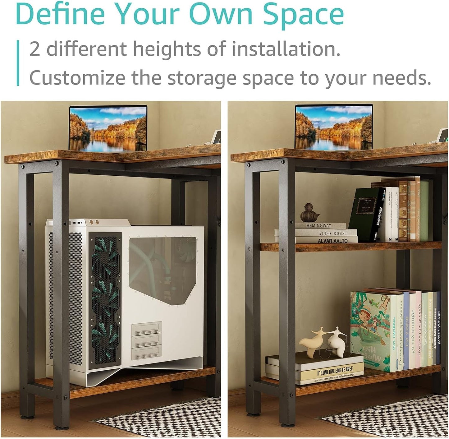 40 Inch L Shaped Desk With Power Outlet And Shelves Rustic Brown