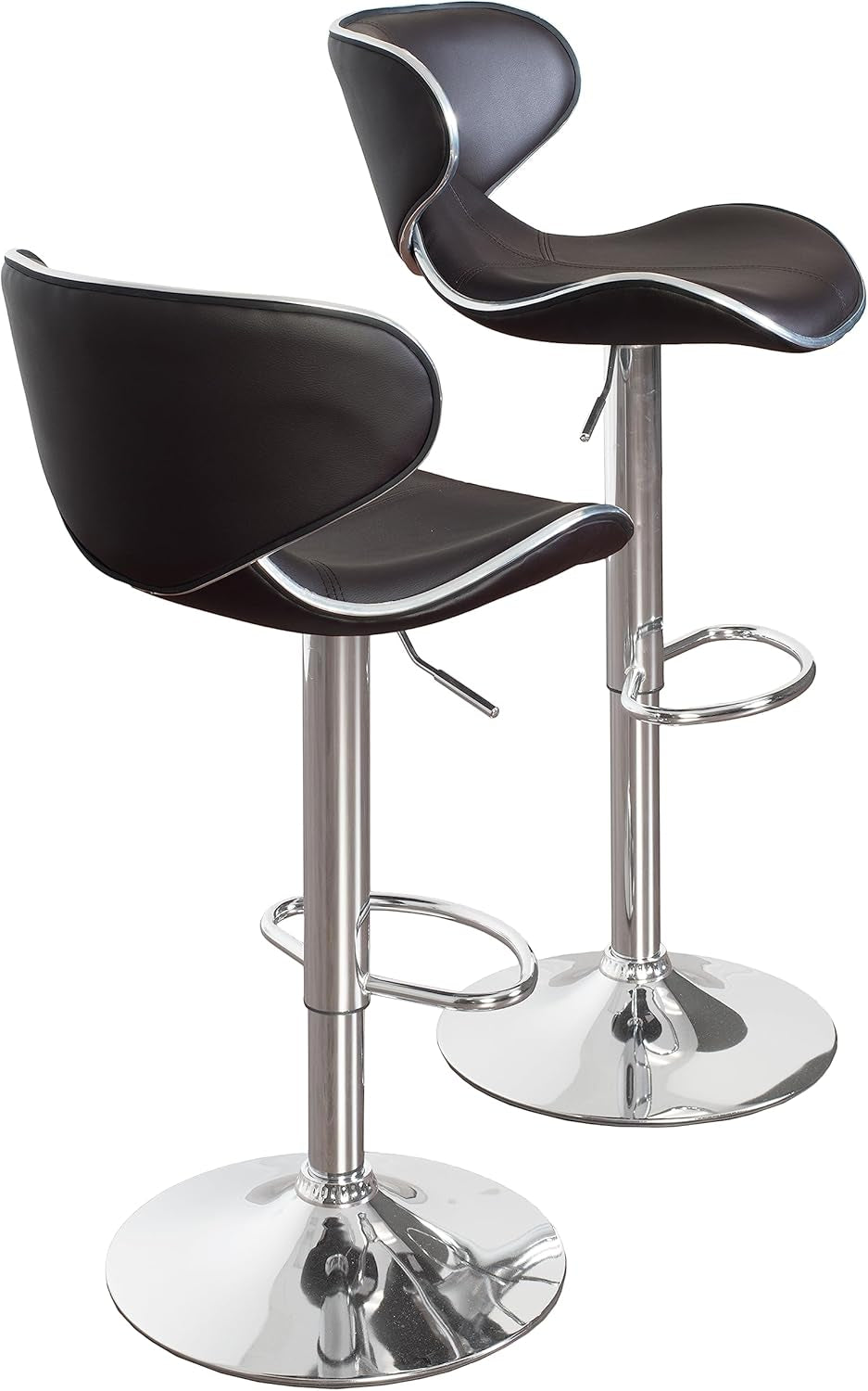Two Brown Airlift Swivel Barstools With Chrome Base Adjustable Height 360 Degree Rotation