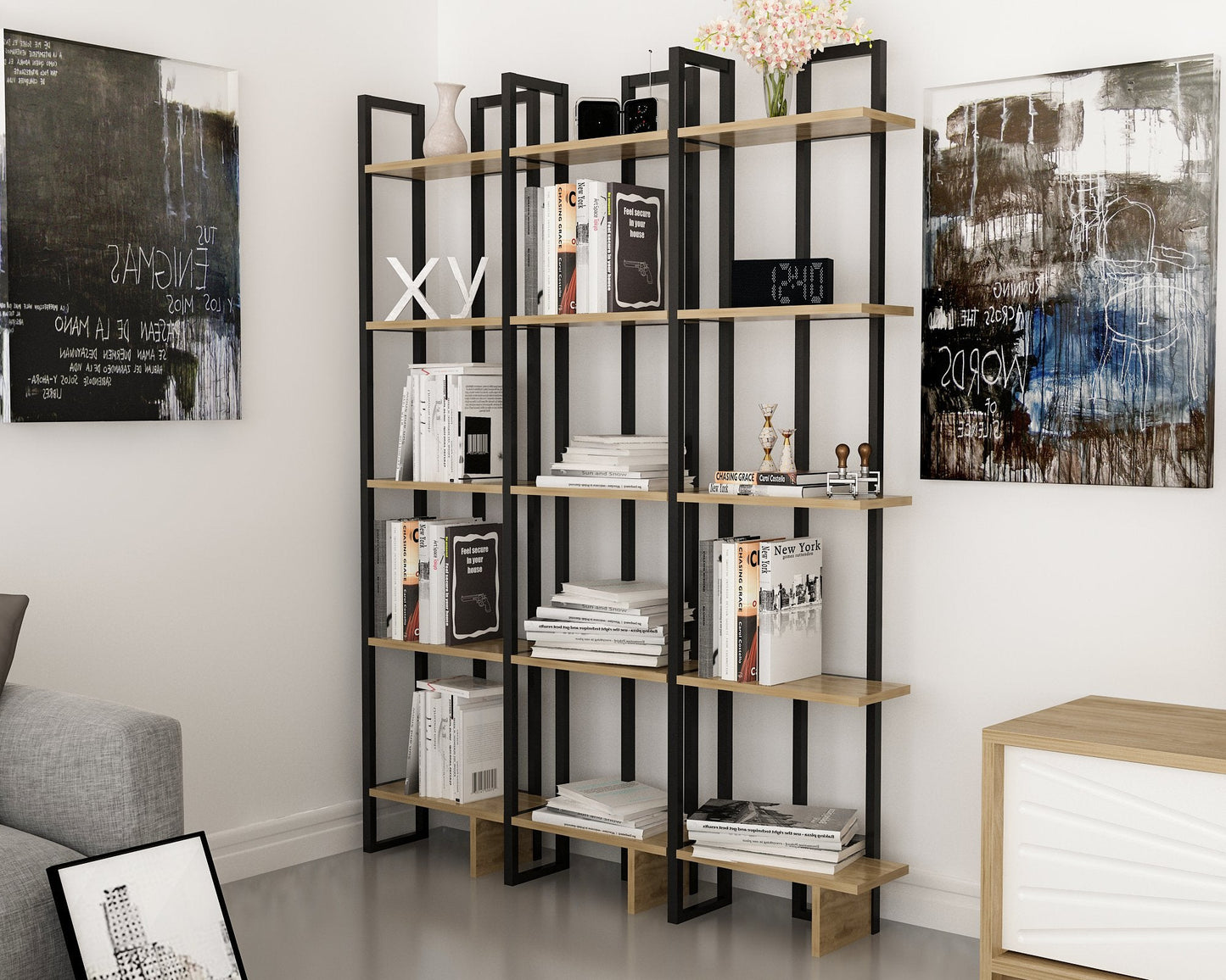 Alice 71" Tall Metal Manufactured Wood Bookcase | Corner Bookcase