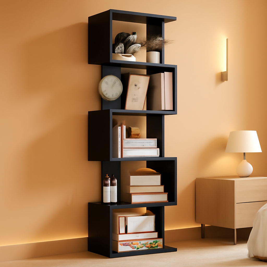 5 Tier S Shaped Bookcase Black Wood And Metal Livingroom