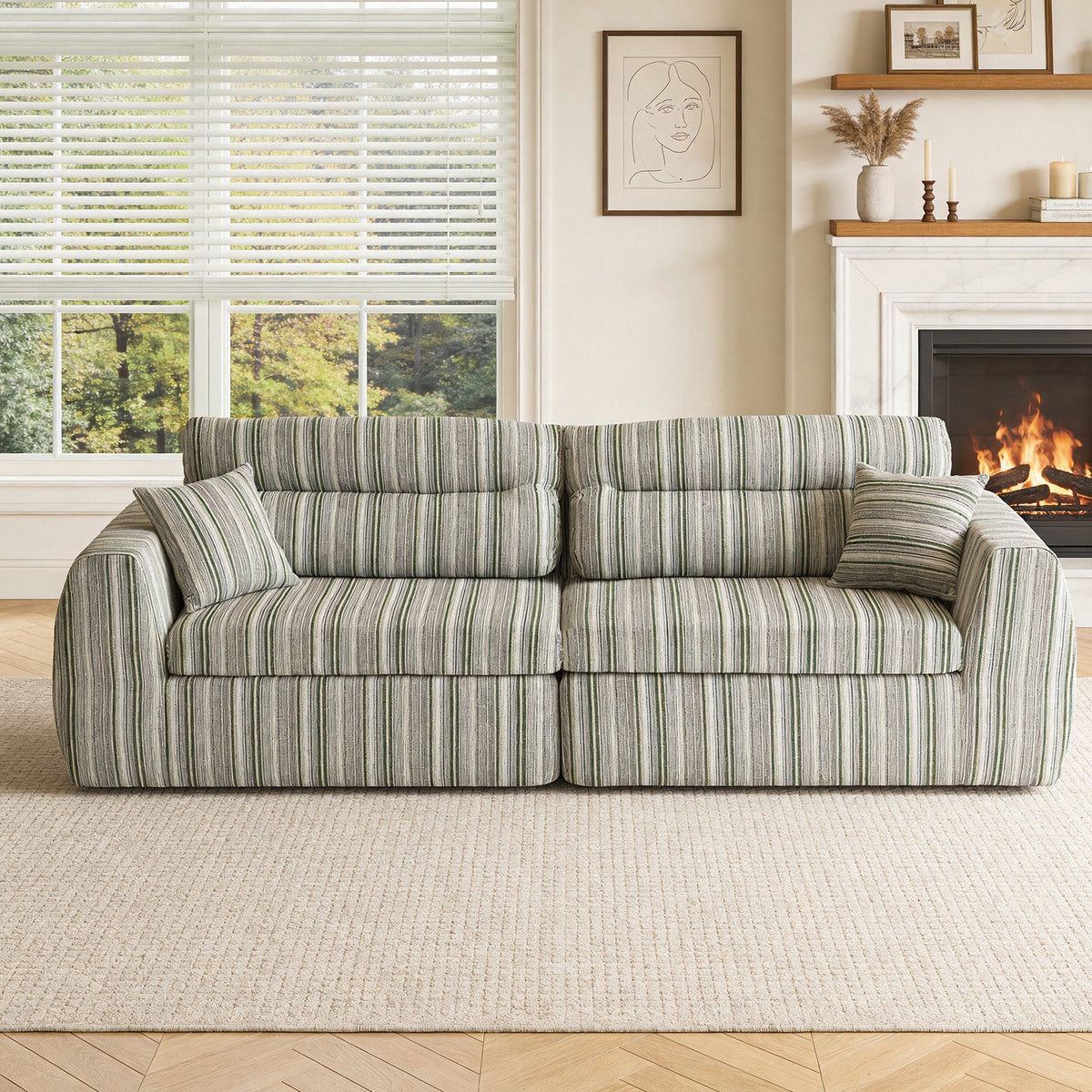 Woven Chenille Striped Compression Sofa - Straight Row Compact Couch
