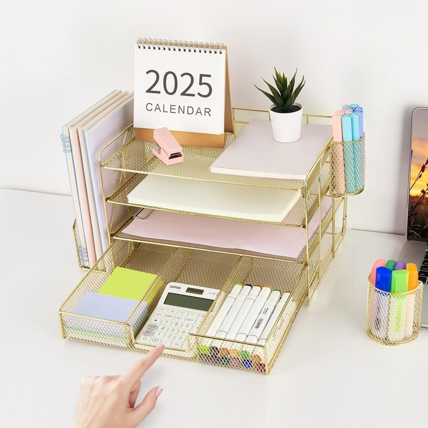 4 Tier Paper Tray Organizer With Drawer For Office Use