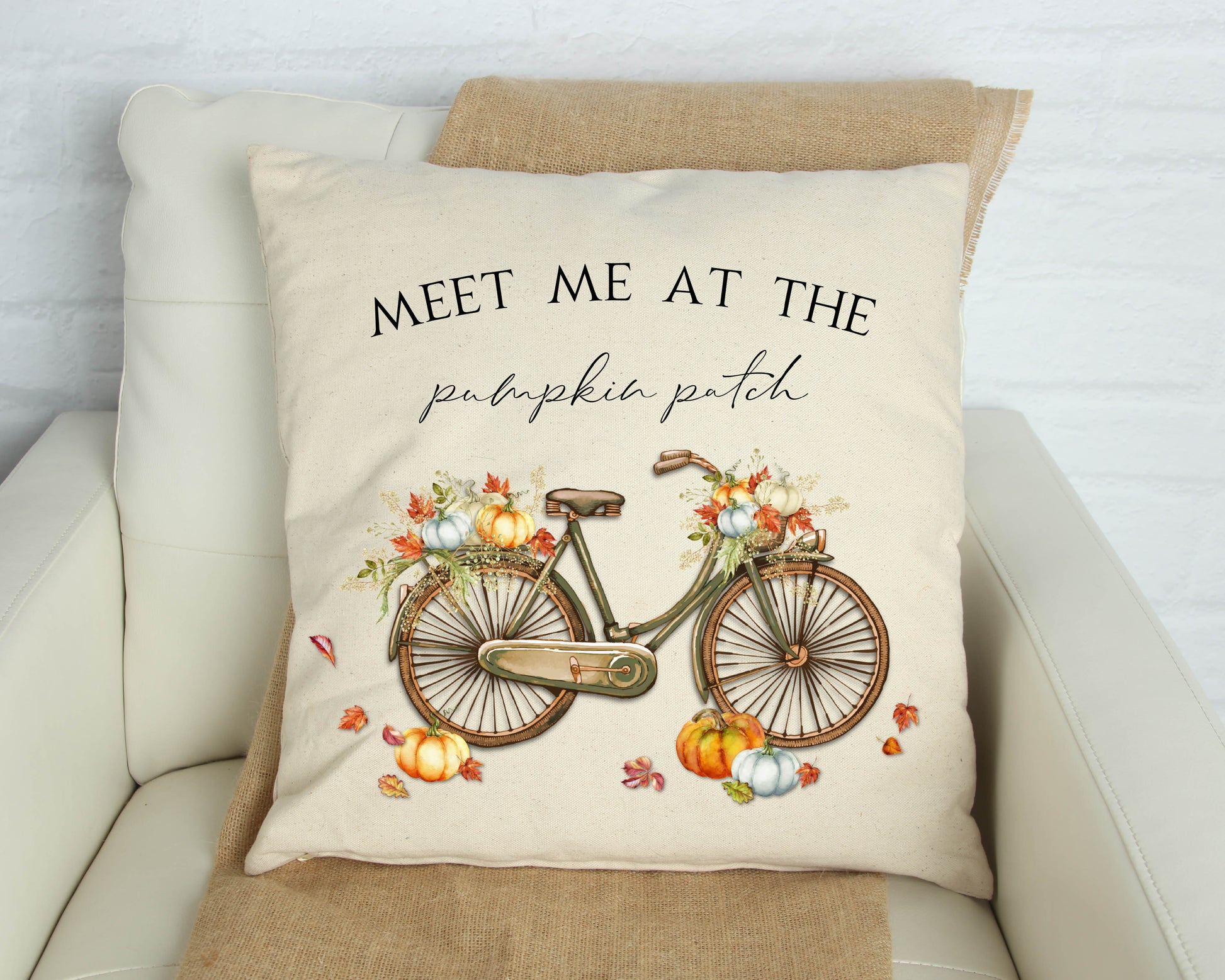 Fall Bike Pillow Cover 18x18 inch with a decorative bicycle and pumpkin patch design.