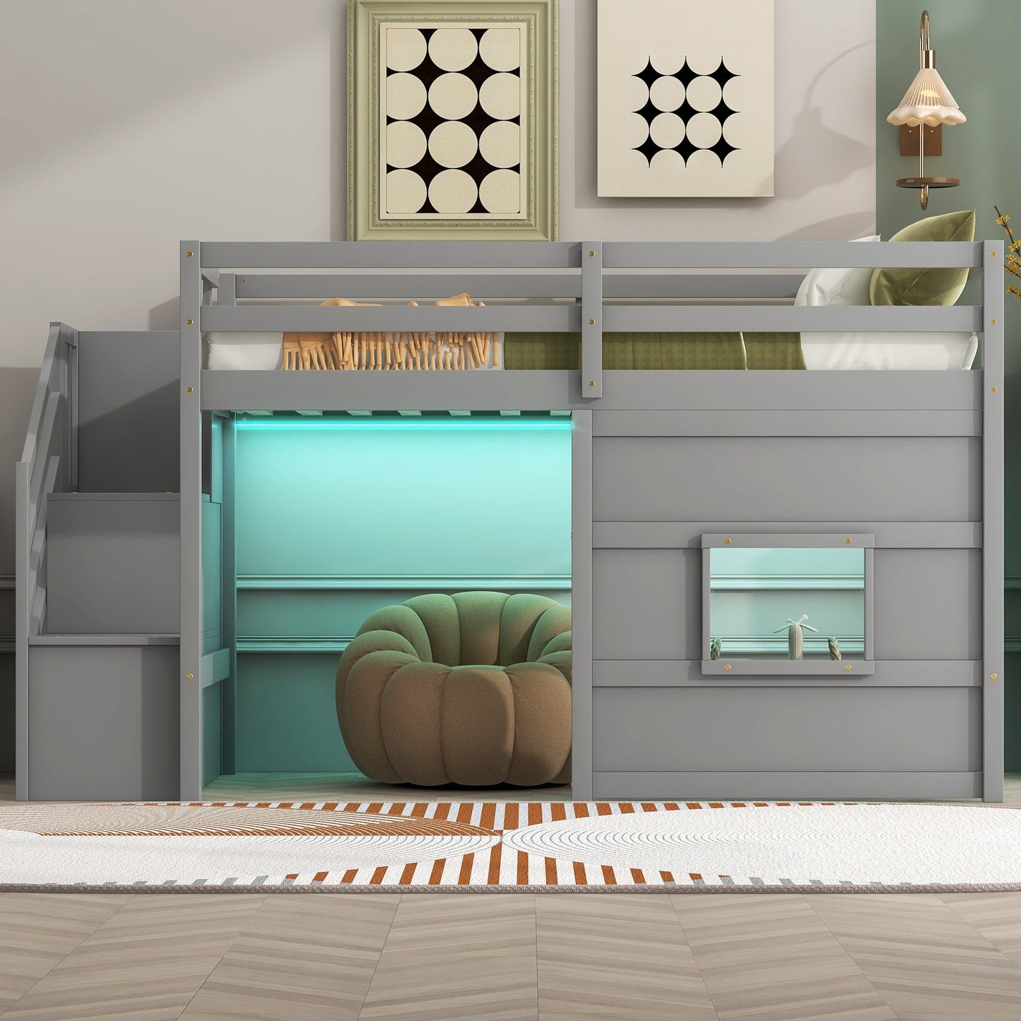 Twin Size Loft Bed with Storage Staircase and Window