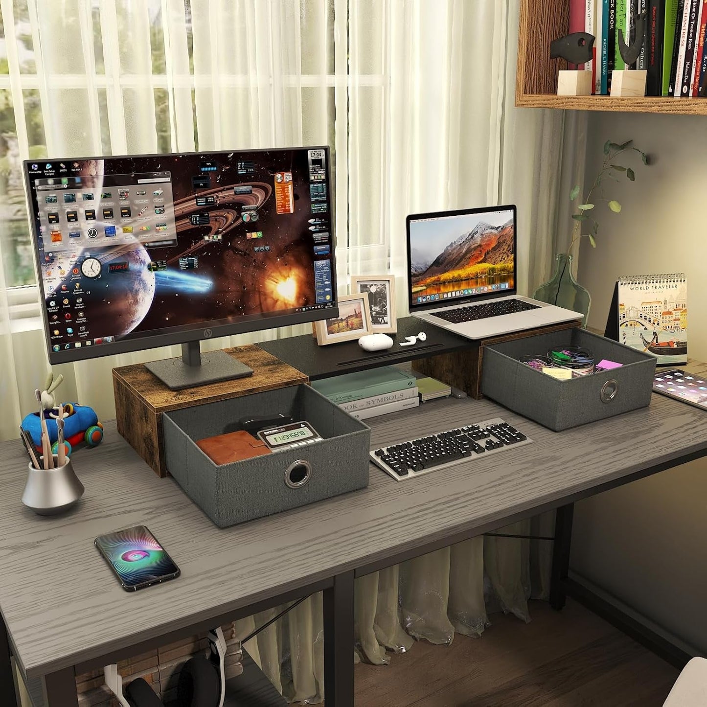 Dual Monitor Stand Riser For Two Monitors With Two Drawers