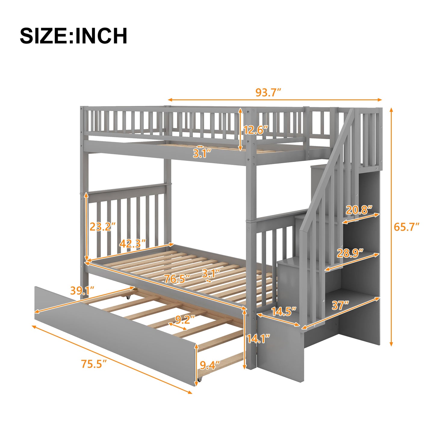 Twin Over Twin Bunk Bed with Trundle and Storage