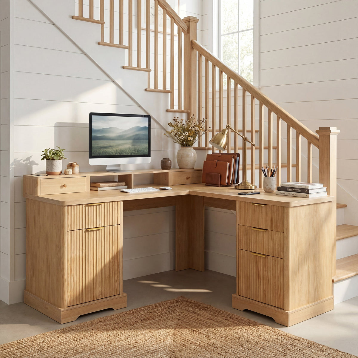 Modern Fluted L-Shaped Desk with Charging Station