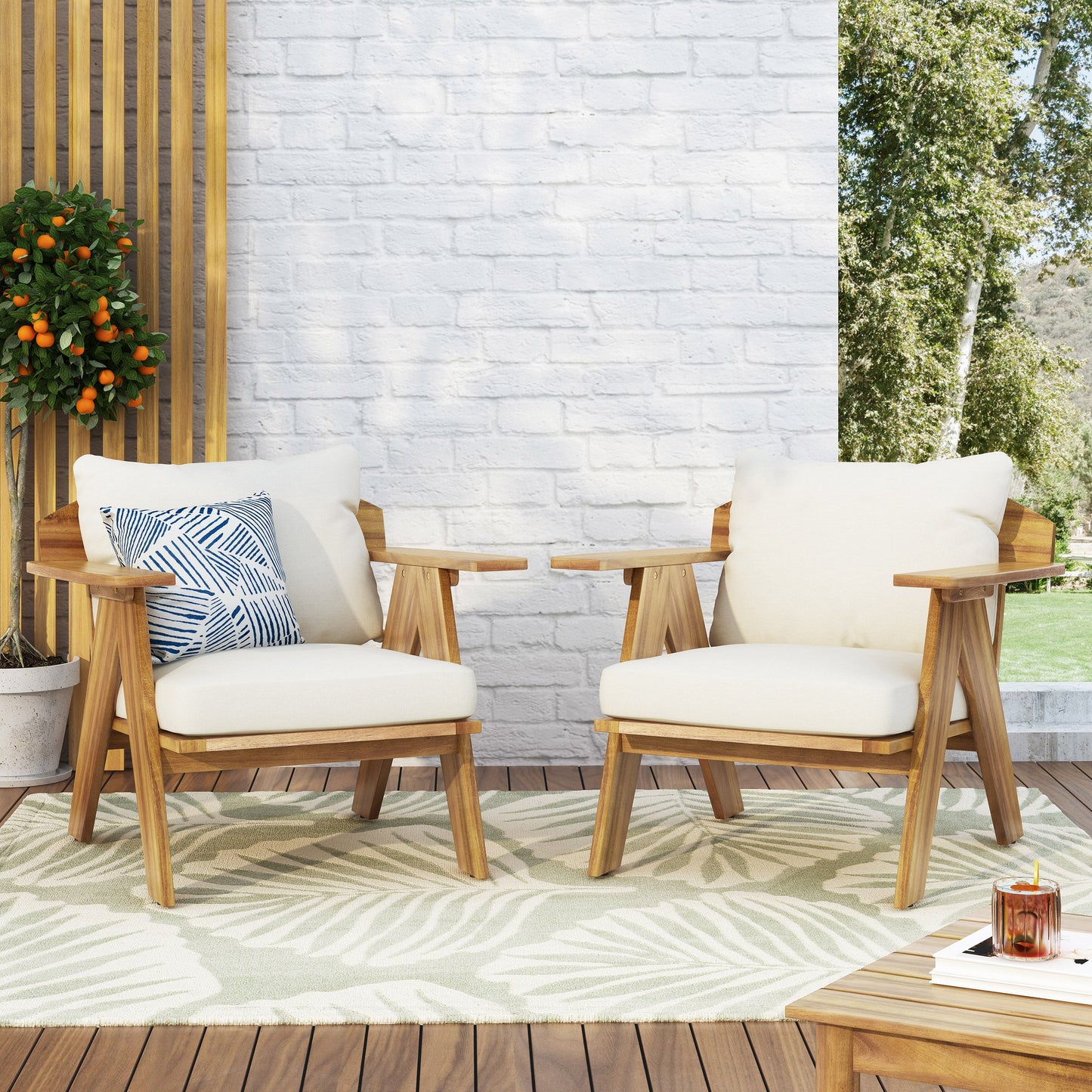 Outdoor Acacia Wood Club Chairs with Cushions (Set of 2)