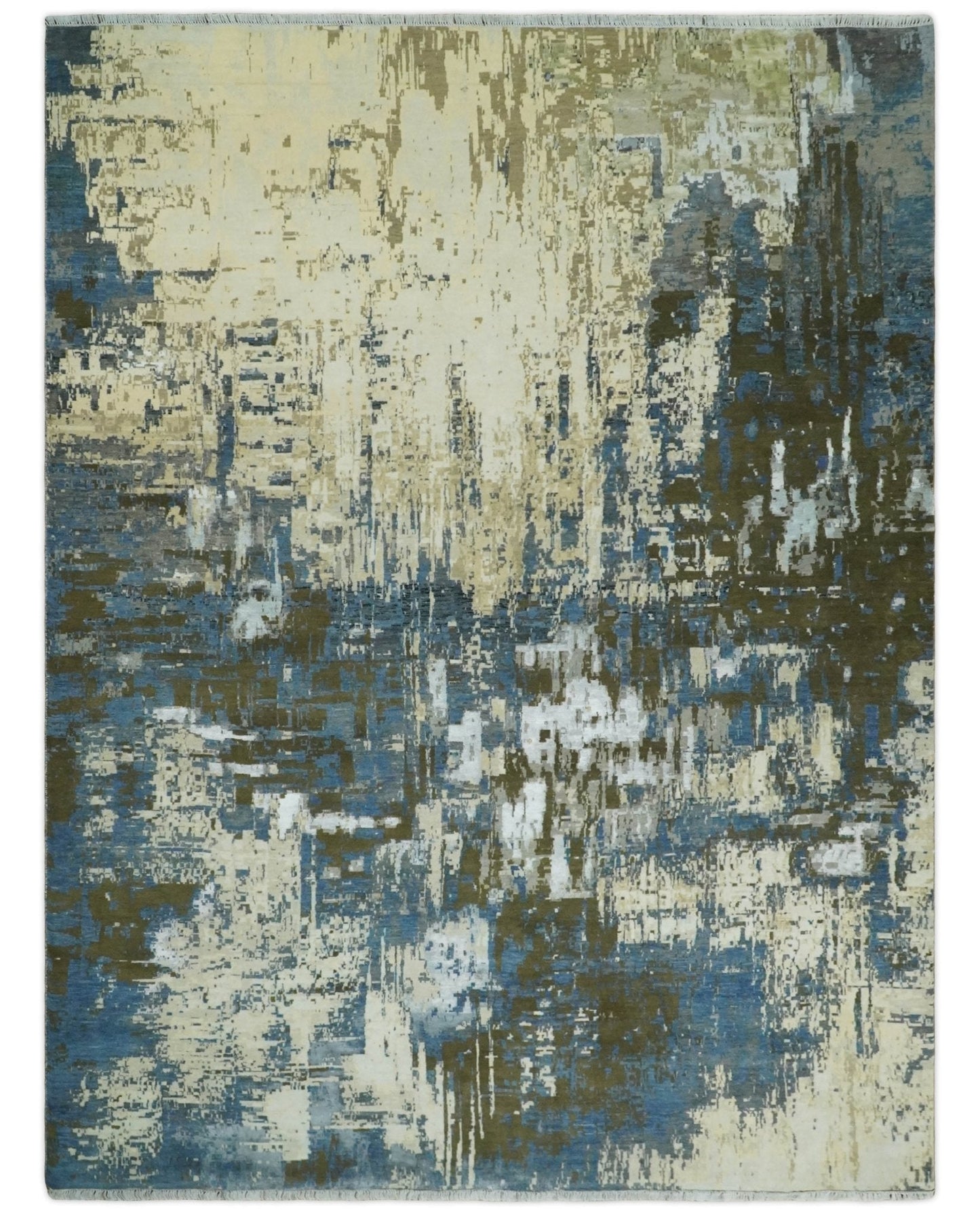 9x12 Fine Hand Knotted Beige and Blue Modern Abstract Style Antique Wool and Silk Area Rug | AGR31