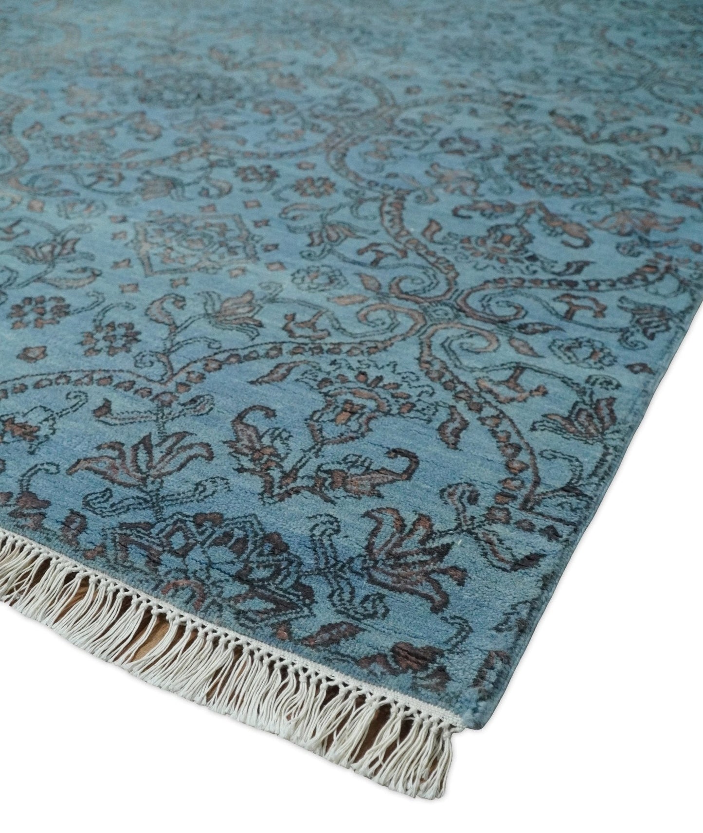 9x12 Fine Hand Knotted Blue and Brown Traditional Vintage Persian Wool and Silk Area Rug | AGR32