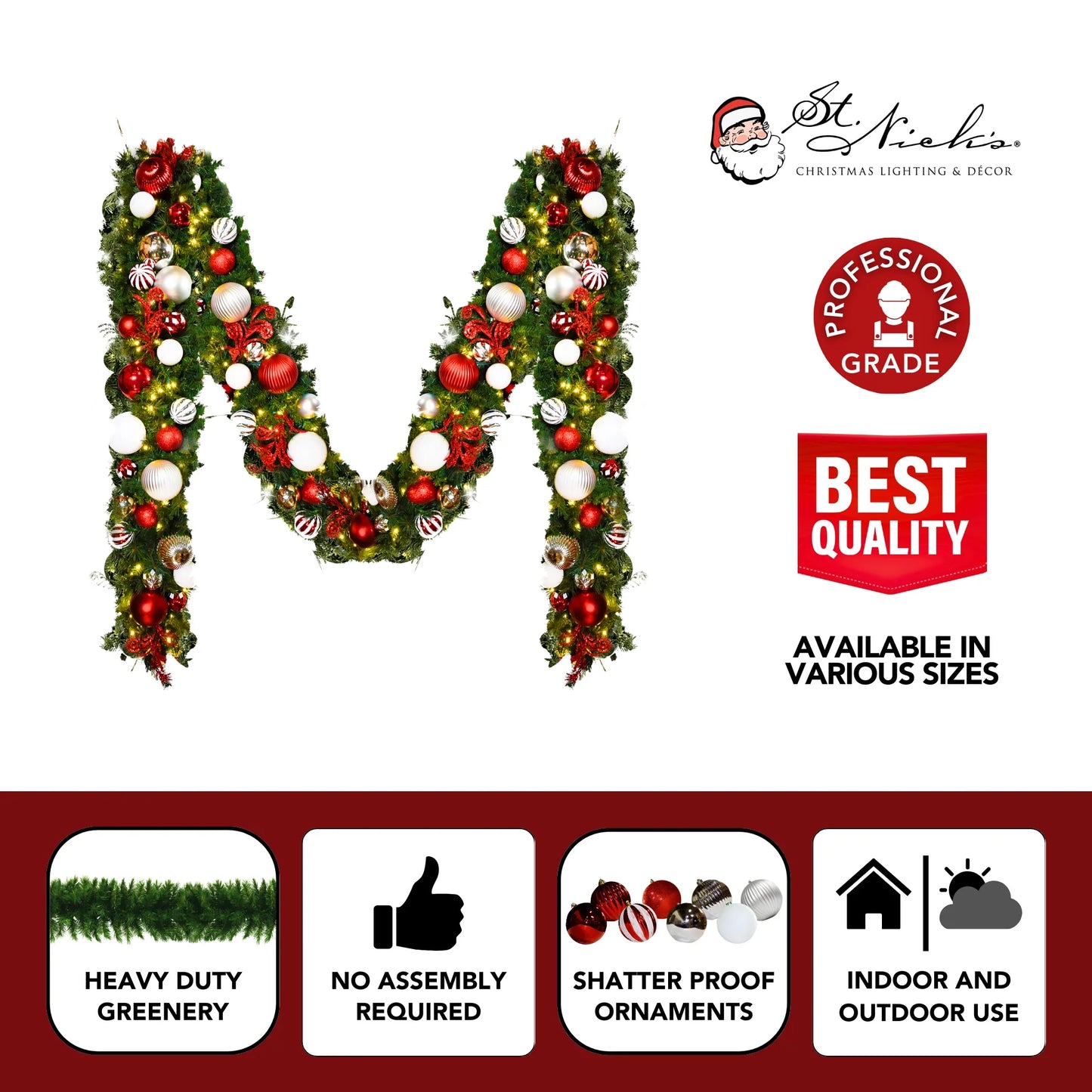 9'x14" Pre-Decorated Garland with Warm White Lights Red/White/Silver