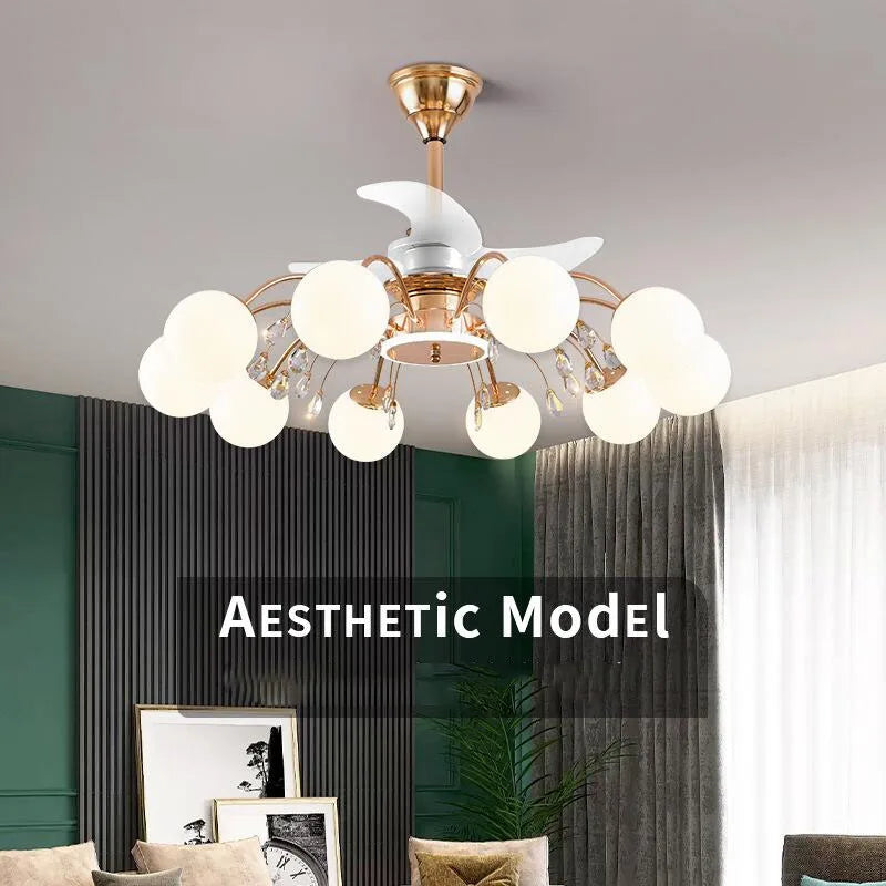 Nordic Living Room Fan Lamp Frequency Conversion Restaurant Ceiling Fan Lamp Invisible Light Luxury Cystal Fan Chanderliers