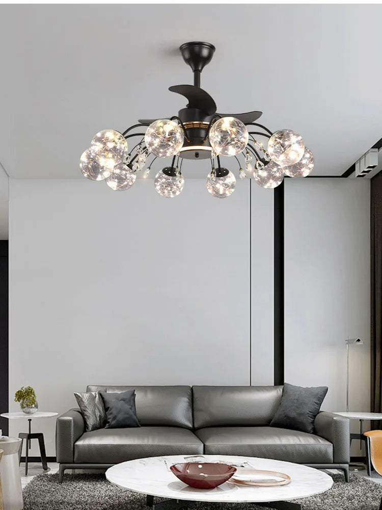 Nordic Living Room Fan Lamp Frequency Conversion Restaurant Ceiling Fan Lamp Invisible Light Luxury Cystal Fan Chanderliers