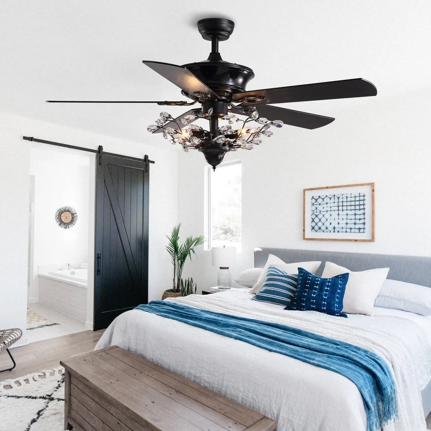 American Stye Black Crystal Follower Design Ceiling Fans With Light 110V 220V Wood Blades Remote Control Hanging Fans Lamp 52 "