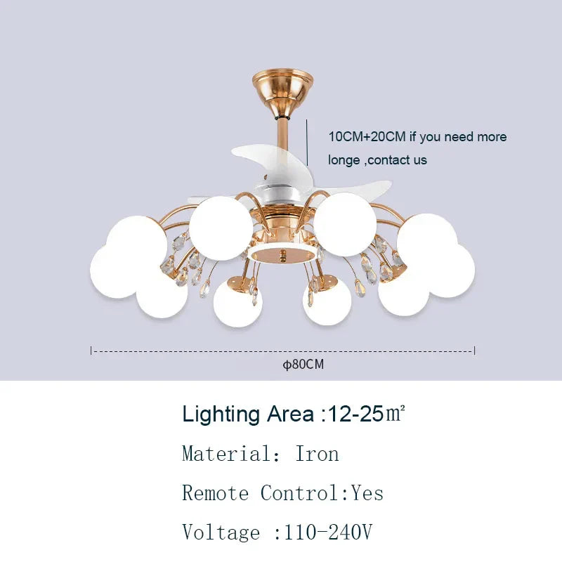 Nordic Living Room Fan Lamp Frequency Conversion Restaurant Ceiling Fan Lamp Invisible Light Luxury Cystal Fan Chanderliers