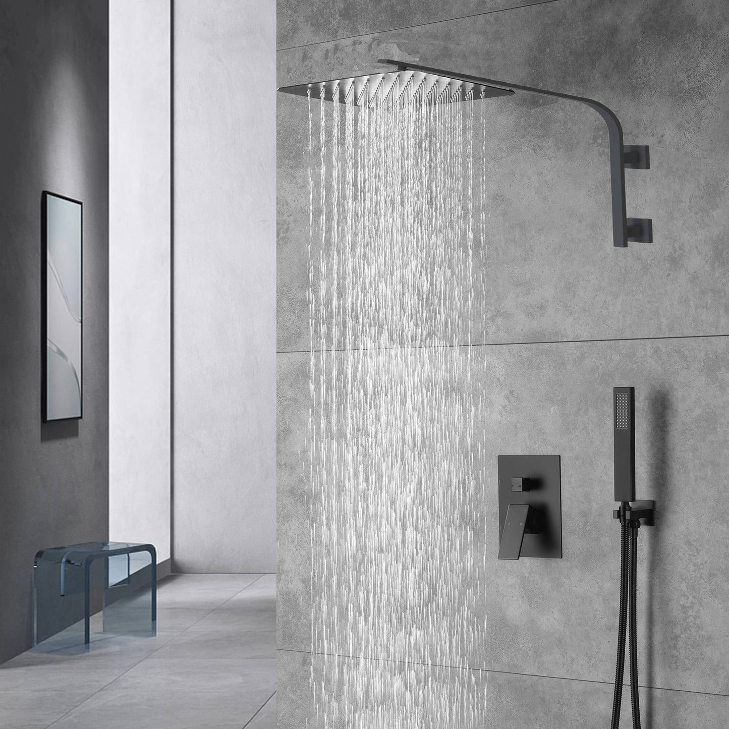 12inch 2 way Big arc Wall Mounted Matte Black Shower System with two function pressure balance Rough-in Valve Body and Trim