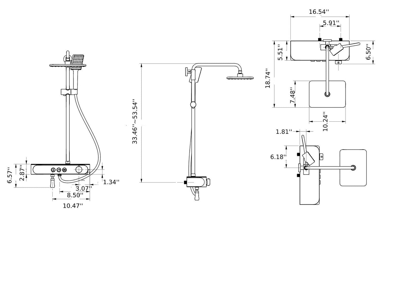 Gold Thermostatic Shower Set with Digital Display, Hand Shower, Tub Spout - 3 Functions