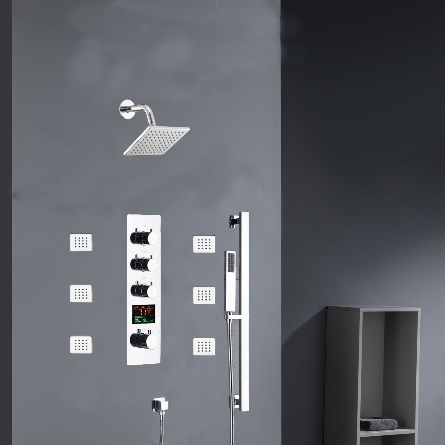 Chrome 12inch LED light or 6 inch regular head Wall mount 3 way thermostatic shower faucet with 6 body jets and sliding bar