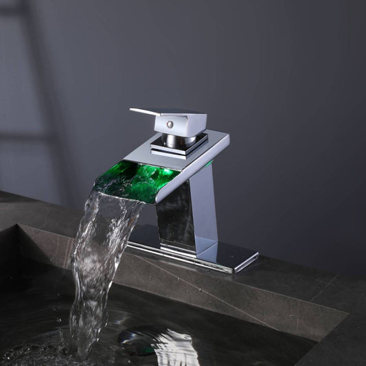Chrome waterfall 3 LED light single handle brass bathroom faucet with pop up brass drain
