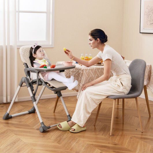 Foldable High Chair with Footrest and Detachable Tray-Beige