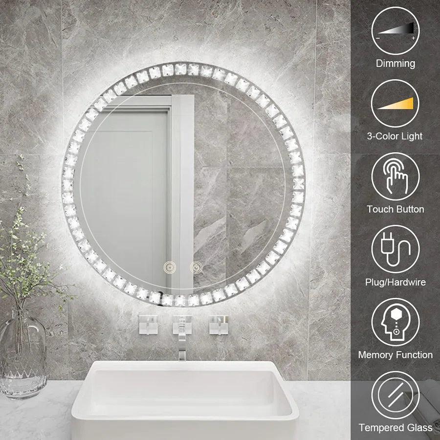 Sparkle Vision round 24 in LED Wall-Mounted Frameless Bathroom Vanity Mirror with Anti-Fog,Smart Dimmable and 3 LED Color