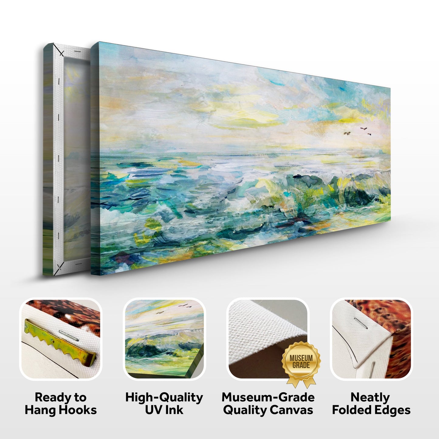 Canvas print of a landscape with folded edges and quality features highlighted.