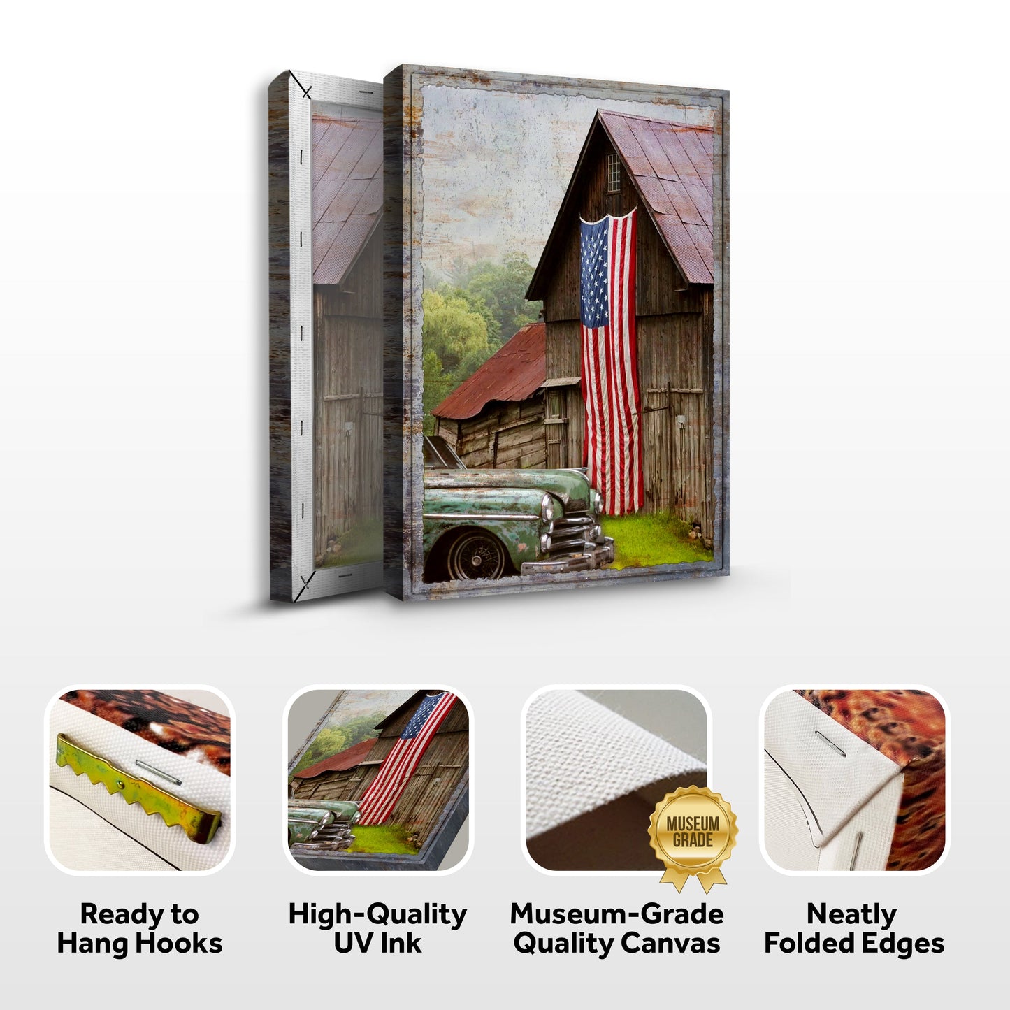 Canvas print of a barn with an American flag and a vintage car, featuring quality assurances on a white background.