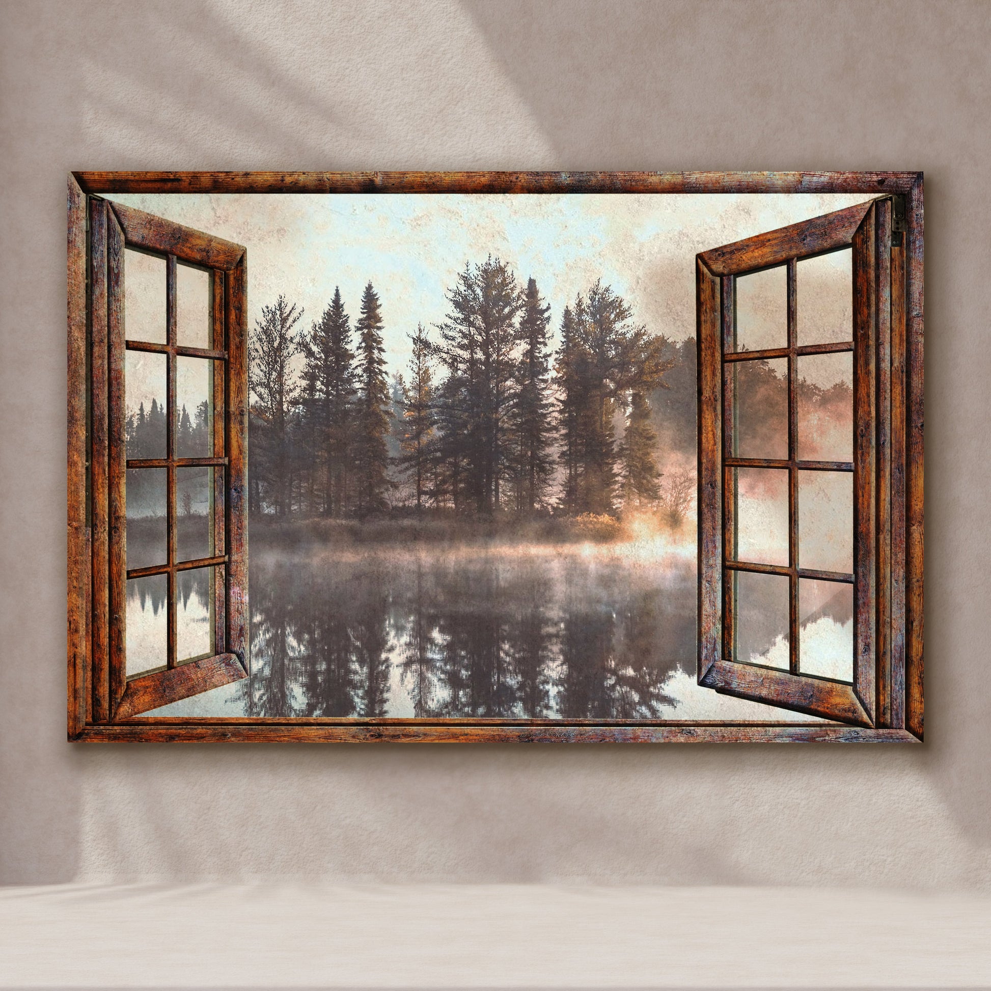 Framed artwork of an open window view of a forest and lake on a beige wall.