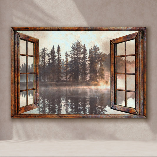 Framed artwork of an open window view of a forest and lake on a beige wall.