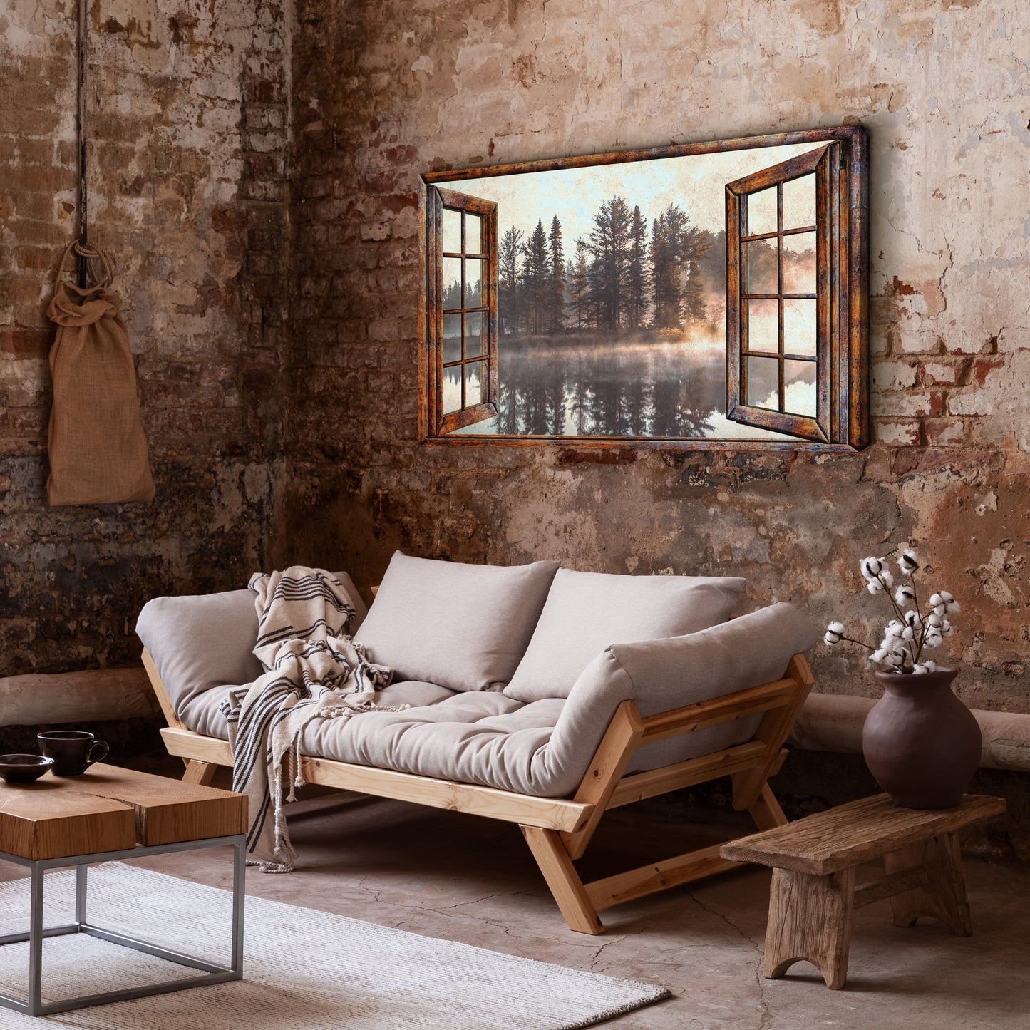 Cozy living room with a wooden sofa, coffee table, and wall art of a window view.