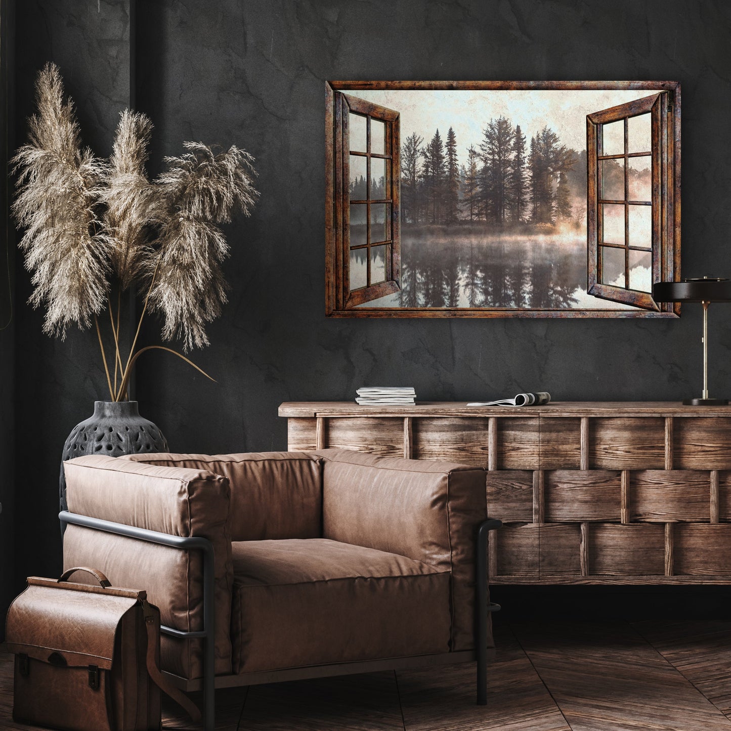 Cozy living room with brown sofa, wooden cabinet, and decorative elements.