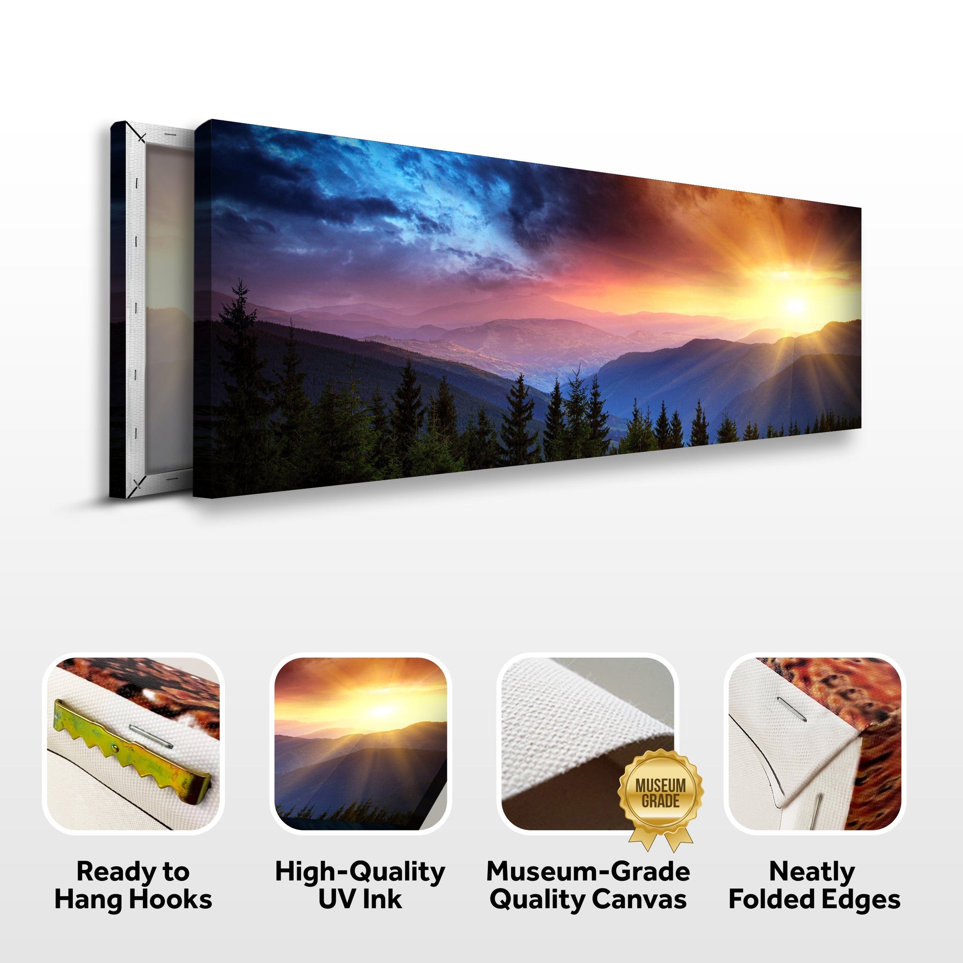 Canvas print of a mountain landscape with hanging hooks, UV ink, museum-grade quality, and neatly folded edges displayed below.