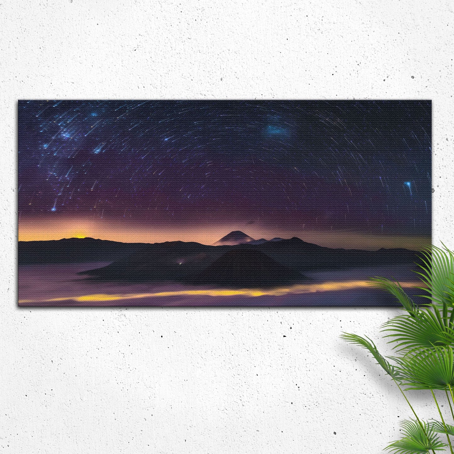 Starry night sky over mountains with a plant on a white background