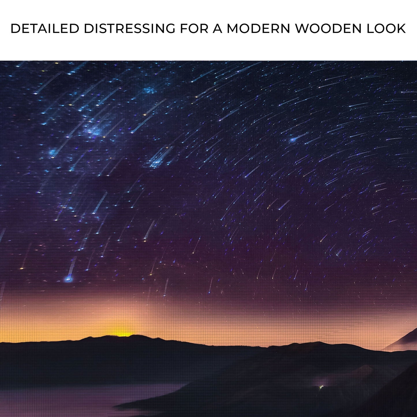 Starry night sky over a mountain range with text about detailed distressing for a modern wooden look.