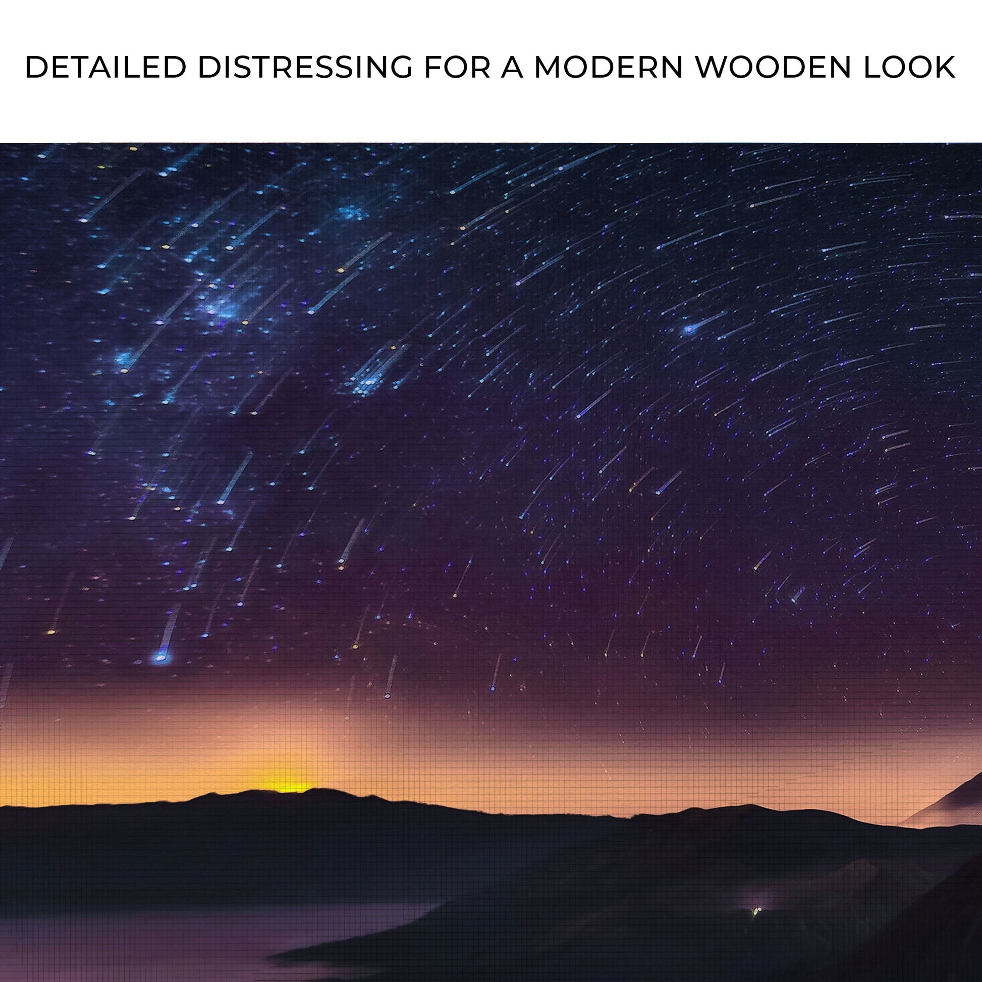Starry night sky over a mountain range with text about detailed distressing for a modern wooden look.