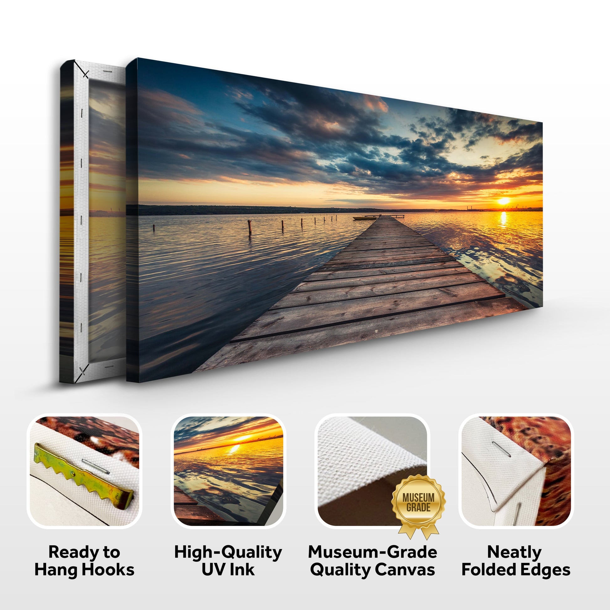 Canvas print of a sunset over a dock with packaging details on a white background