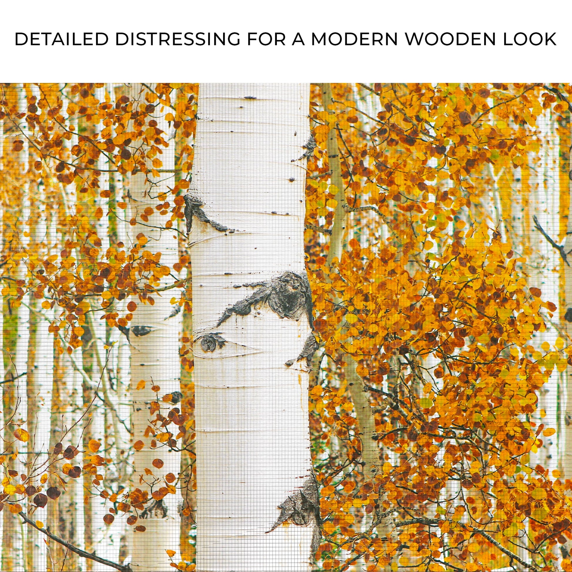 Textured fabric with a modern wooden look and autumnal tree pattern.