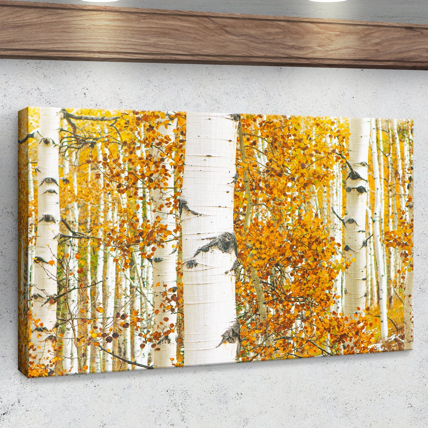 Two panels of a forest scene with orange trees and white trunks on a gray wall.