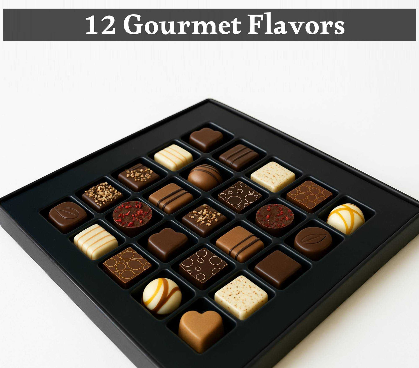 Assorted gourmet chocolates in a black box with '12 Gourmet Flavors' text above.