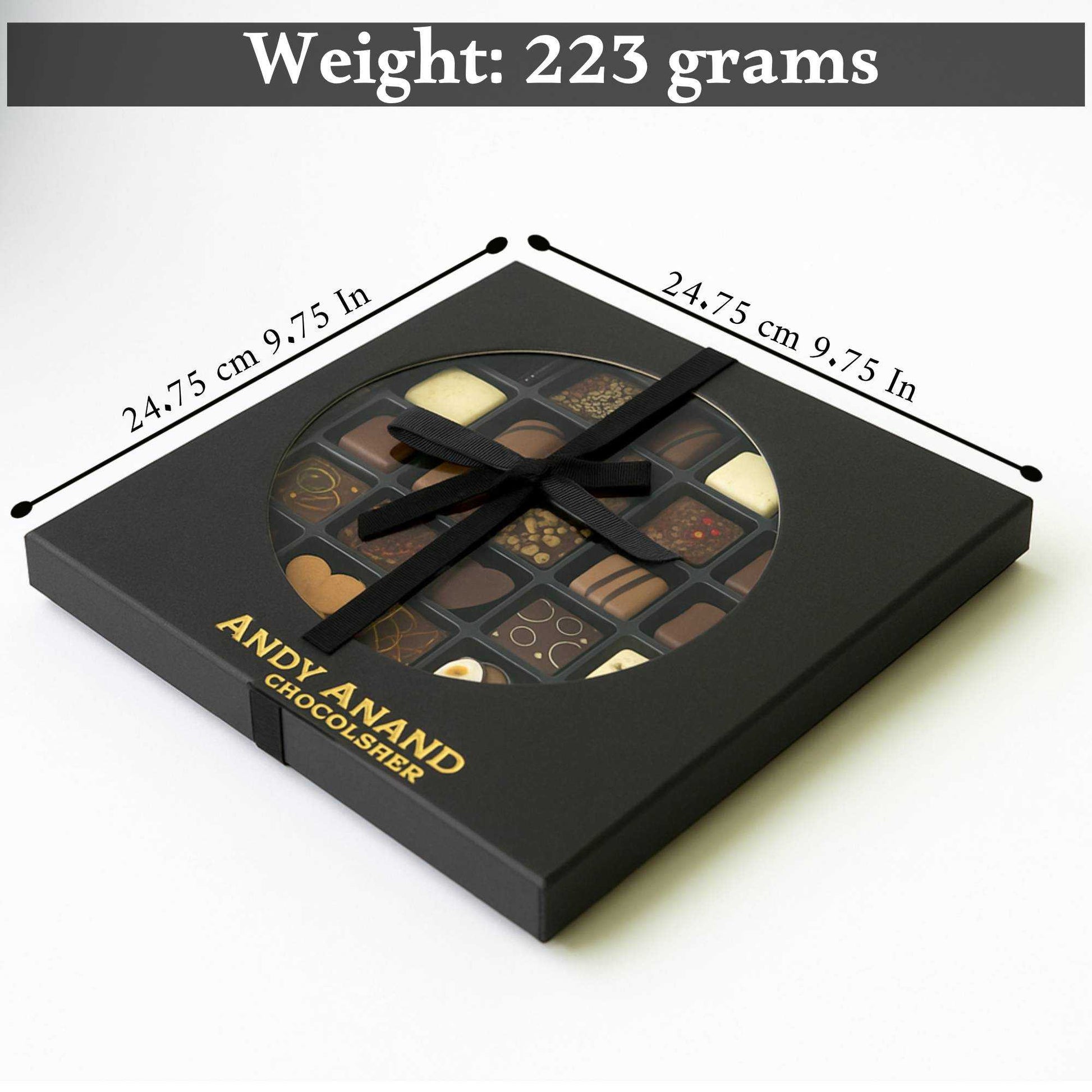 Box of chocolates with dimensions and weight information on a white background