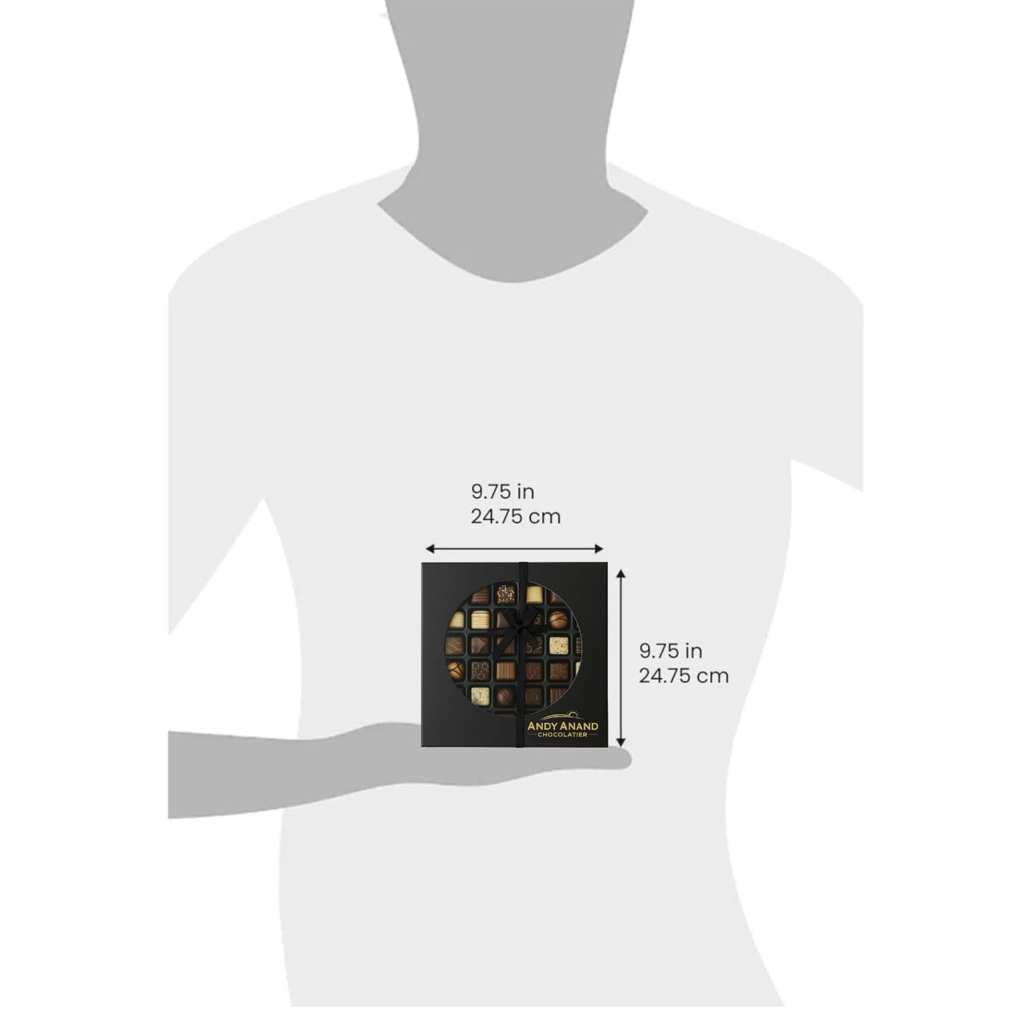 T-shirt with a box of chocolates held by a mannequin, showing dimensions.
