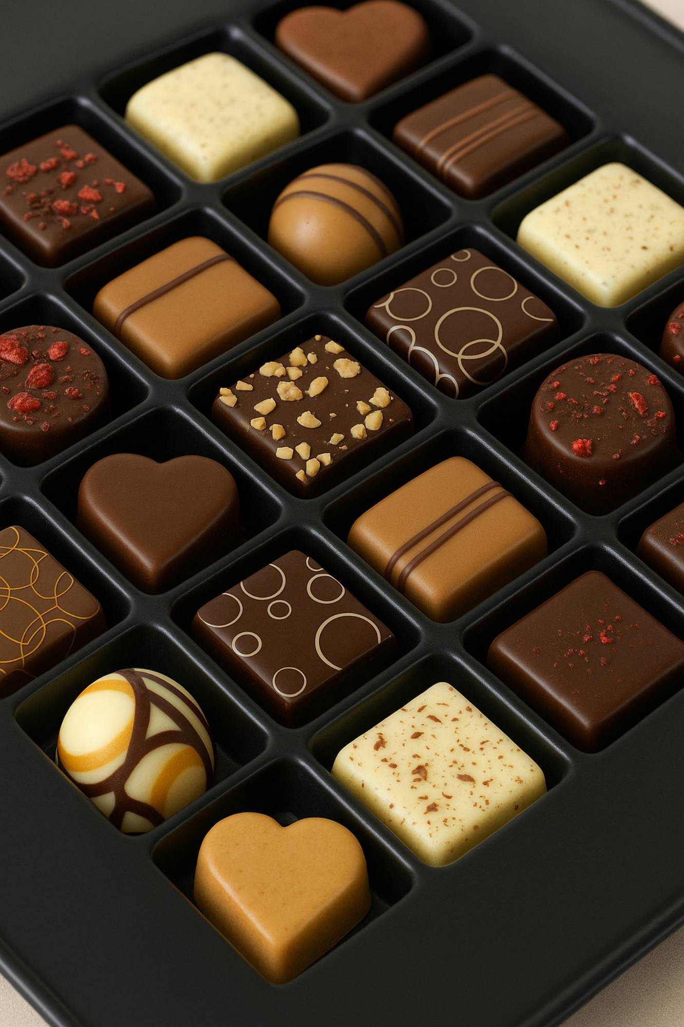 Assorted chocolates in a black box