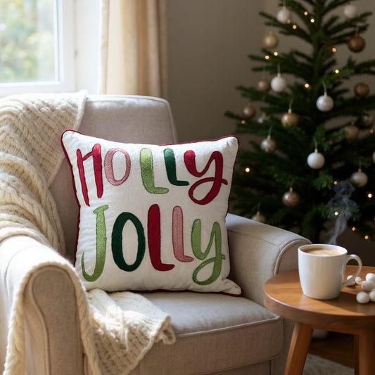 Holly Jolly Embroidered Christmas Themed Pillow