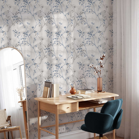 Avery Blue and Grey Wallpaper | Organic Watercolor Vine